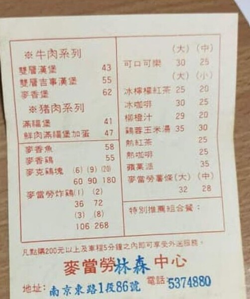 「麥當勞30年前」價格曝光! 過來人驚呼:「這兩項」竟更便宜 麥當勞約30年前的菜單。 圖/擷自「爆廢公社二館」