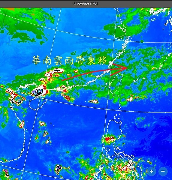 雲圖上看到華南雲雨區東移影響台灣，是春季才能說的典型天氣型態，現在還沒看到冬季的特徵。圖／取自鄭明典臉書