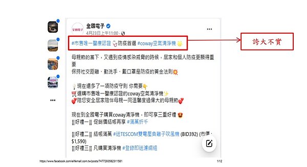 全國電子股份有限公司於其臉書粉絲專頁刊登「coway 空氣清淨
機」商品廣告,涉有廣告不實。圖/公平交易委員會提供
