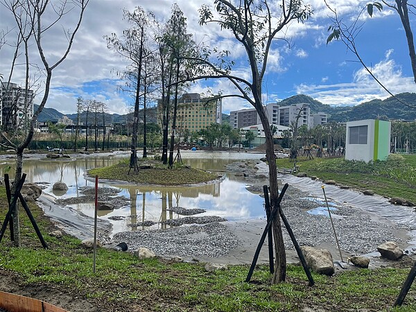 面積達3千餘坪的綠湖公園種植近500株綠樹，並有生態池和環湖森林步道。圖／新北市政府提供