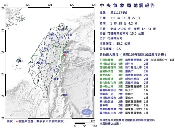 花蓮近海發生芮氏規模5.5地震，花蓮市區明顯搖晃。圖／中央氣象局提供
