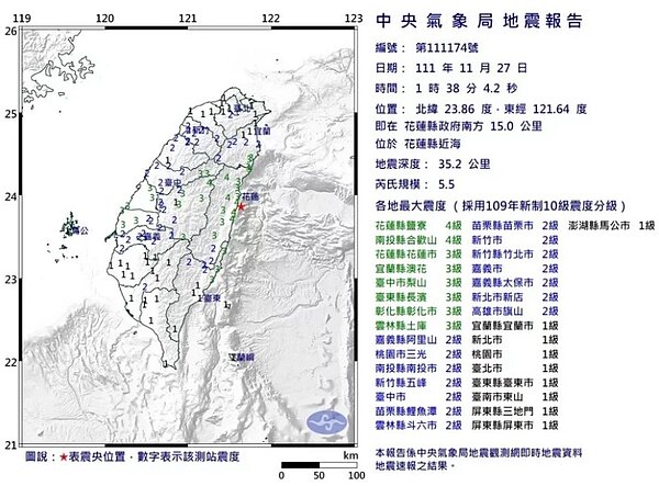 花蓮近海發生芮氏規模5.5地震,花蓮市區明顯搖晃。圖/中央氣象局提供