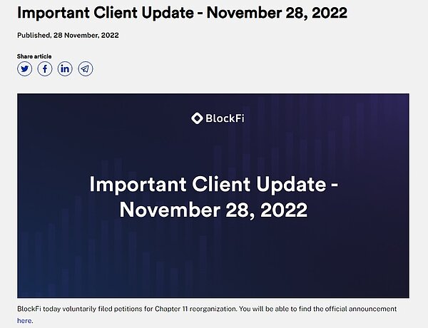 BlockFi 28日宣布，已經在紐澤西州聲請破產保護。圖／取自BlockFi官方部落格