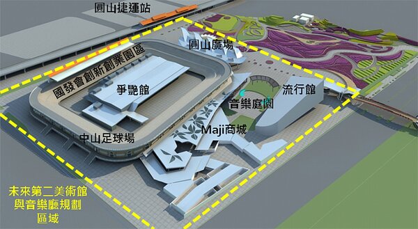 臺北市政府產業發展局於2015年6月2日在臺北市議會第12屆第1次定期大會的報告中所提及之「第二美術館」規劃圖。（張哲生提供）
