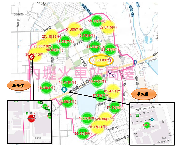 內壢車站周邊實價登錄交易熱度一覽。圖／翻攝自中壢地政事務所