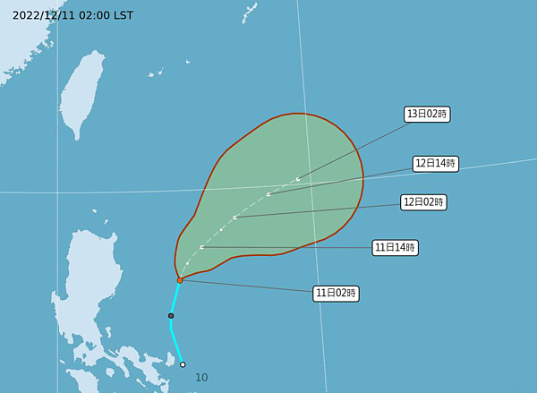 菲律賓東方海面熱帶性低氣壓,向北北東移動,時速12公里,有發展為輕度颱風的趨勢。圖/取自氣象局網站