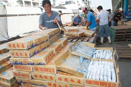 大陸上周四(8日)突禁台灣加工類食品、水產品進口,這次受影響的產業以酒類產品去年銷陸產值最高,達2.5億美元,依序是遠洋捕撈的魷魚1.3億美元、非酒精飲料4340萬美元、午仔魚2760萬美元、秋刀魚890萬美元。圖為高雄市前鎮漁港內漁船正在卸下秋刀魚貨情況。(本報資料照片)