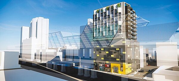 新北環狀線景平站捷運開發大樓模擬圖。(新北市捷運局提供)