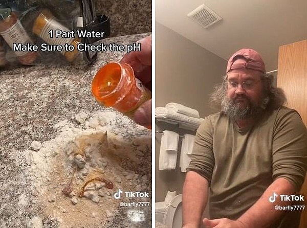 男子在飯店廁所揉麵糰自製披薩,不少網友都覺得很不衛生。圖擷自TikTok