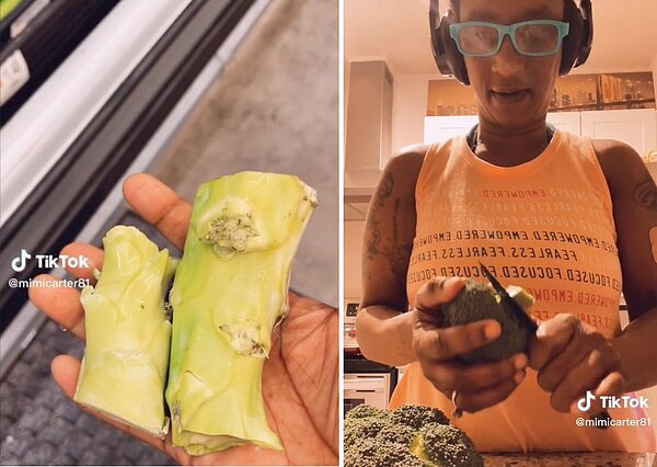 女子在超市直接把莖切掉,好減輕秤重的重量。圖擷自TikTok