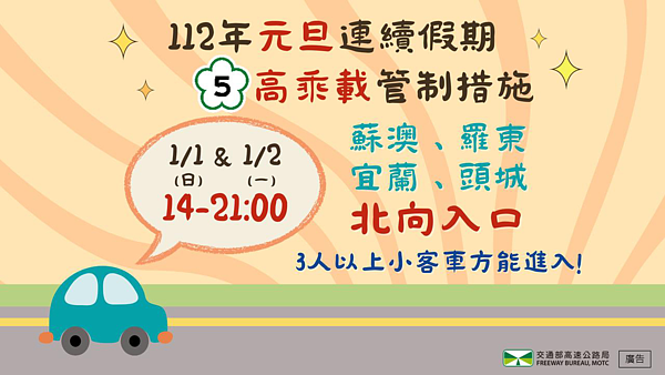 高速公路局預期國道將湧入大量車潮，2023年1月1日至2日下午2點至晚上9點實施國道5號北向高乘載管制疏導措施。圖／高公局提供