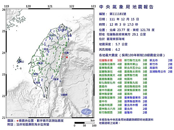花蓮外海地區今(12/15)中午12時3分發生芮氏規模6.2地震,最大震度在花蓮縣水璉,達到5弱。(圖/中央氣象局)