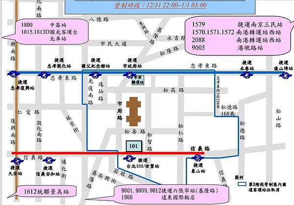 因應「台北最HIGH新年城—2023跨年晚會」活動,市府轉運站配合自111年12月31日(星期六)19時起實施交通管制。圖/北市交通局提供