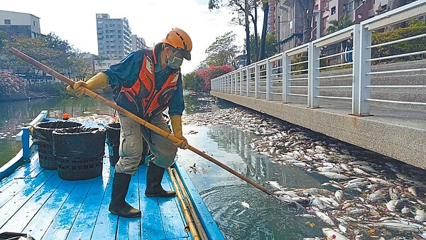 高雄「幸福川」16日出現大量魚屍漂浮水面，經環保局統計16日共打撈8360公斤魚屍。（高市府環保局提供／洪浩軒高雄傳真）