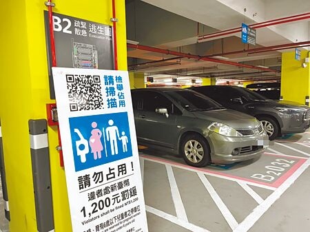 記者實地走訪南門市場地下停車場，發現車輛停放在婦幼專用停車格中，但未放上婦幼停車證。（陳夢茹攝）