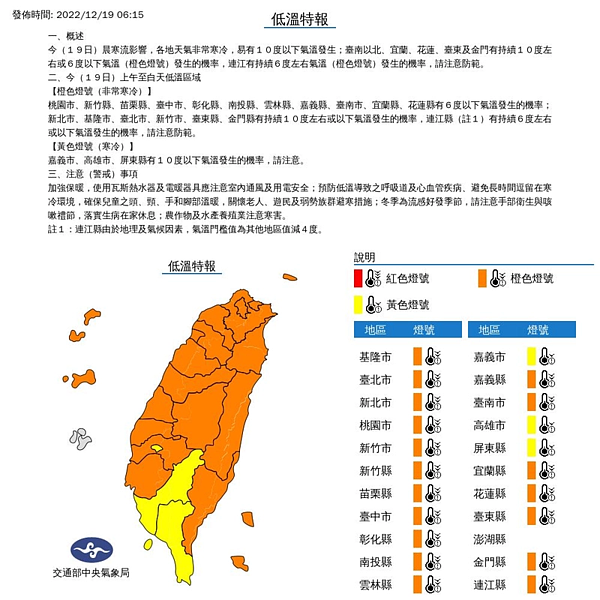 氣象局持續發出低溫特報。圖／中央氣象局提供