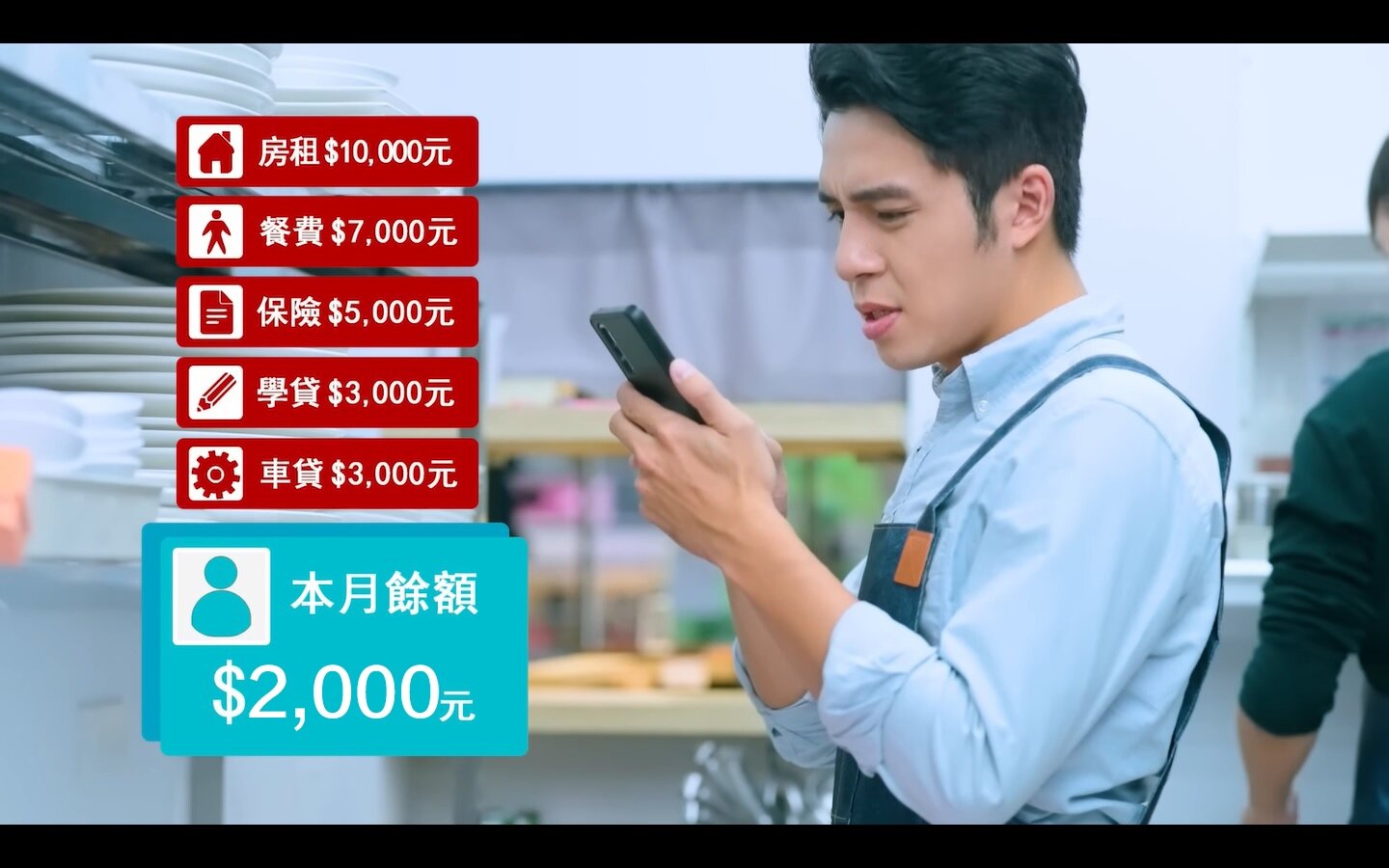 永慶房屋描繪現代年輕人的低薪困境,面對每個月的房租、保險、貸款,往往入不敷出,更遑論要兼顧生活品質、照顧家人。圖/翻拍永慶徵才影片