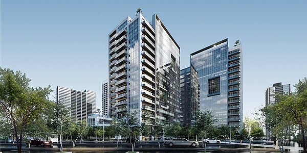 中悦建設機構推出近商辦「森PLAZA」,以廣場型建築設計「會呼吸的商辦」,打造比台北A辦還要豪華的「永續商辦」。圖/中悦提供