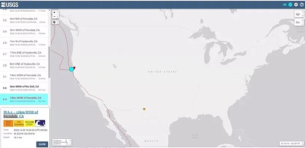 美國加州北部城市芬岱爾20日發生規模6.4強震。圖／取自美國地質調查局