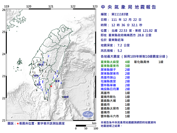 22日中午12點36分發生芮氏規模5.2地震。圖／中央氣象局提供