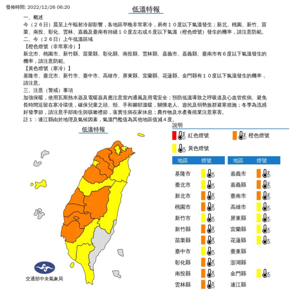 中央氣象局持續發布低溫特報。截圖自中央氣象局