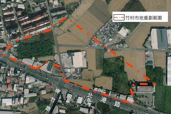 國道一號嘉義交流道下的北港路與埤竹路口,5公頃多的竹村市地重劃,已延宕37年,嘉市都委會通過公共設施用地降至32.74%。圖/嘉義市政府提供