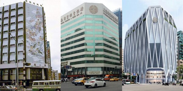 從美琪大飯店到上海銀行總部大樓，您還記得它昔日的模樣嗎？左圖為1971年的美琪大飯店（張哲生提供），中圖為2014年的上海商銀總行（張哲生提供），右圖為上海商銀新總行大樓之未來完成圖（潘冀聯合建築師事務所提供）。
