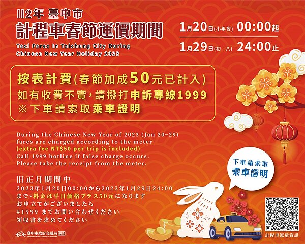 台中市計程車春節運價期間。圖/台中市交通局提供