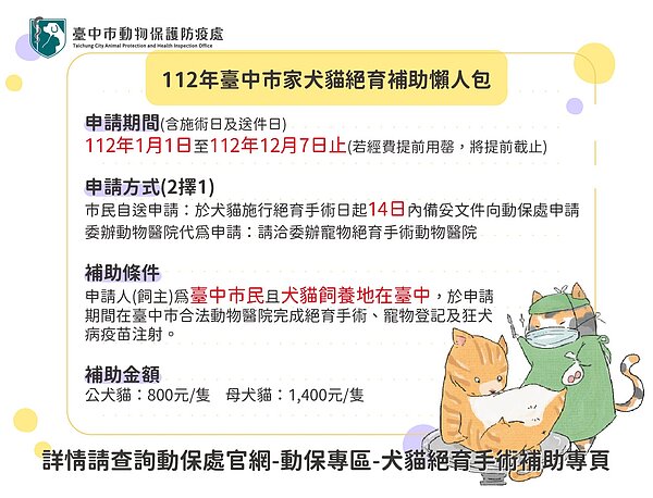 中市犬貓絕育手術補助。圖／台中市政府提供