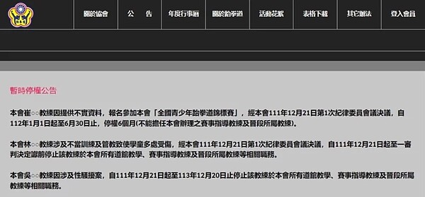 中華民國跆拳道協會調查將該教練暫時停權。圖／中華民國跆拳道協會網頁翻攝