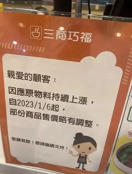 三商巧福宣布明年1月6日起,部分商品將調漲。圖/翻攝自PTT