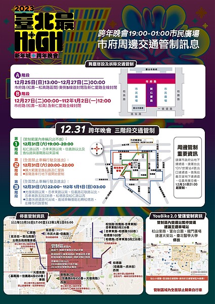 北市今晚「台北最HIGH新年城-2023跨年晚會」以及明早的總統府元旦升旗典禮,均將實施三階段交通管制。圖/北市交大提供