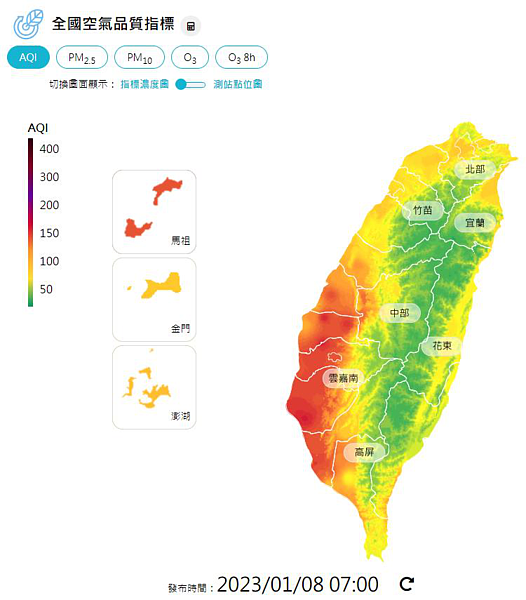 環保署提醒台南地區所有族群應減少在戶外活動（紅色警示），中部、雲嘉南、高屏地區、馬祖地區敏感族群應減少在戶外劇烈活動（橘色提醒）。圖／取自空氣品質監測網