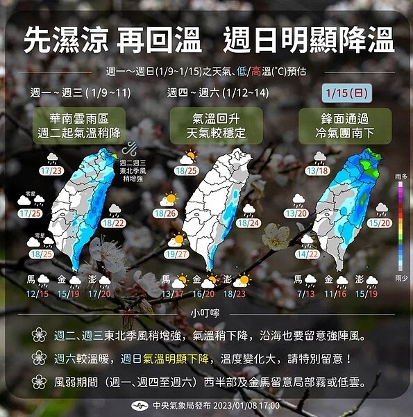 周三前氣溫稍降且有降雨機率,周四至周六氣溫回升,最高溫可達27度。圖/截自中央氣象局臉書粉專「報天氣 - 中央氣象局」