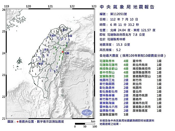 今天早上6時11分發生花蓮秀林鄉規模5.2地震。圖/中央氣象局提供