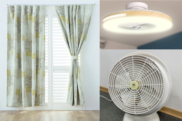 窗簾、循環扇燈與循環扇。組合圖/好房網News資料照、特力屋提供