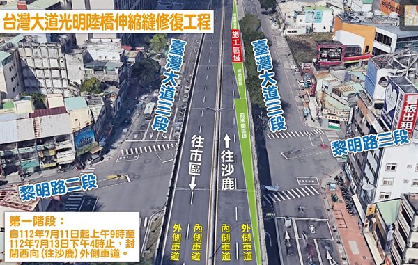 台灣大道四段光明陸橋，將於11日上午9時起至15日進行伸縮縫修復工程。圖／台中市建設局提供
