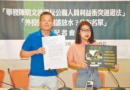 國民黨立委林為洲(左)、台北市議員徐巧芯(右)11日召開「舉發陳明文涉違反公職人員利益衝突迴避法」及「外役監條例誰放水?公布名單」記者會。(劉宗龍攝)