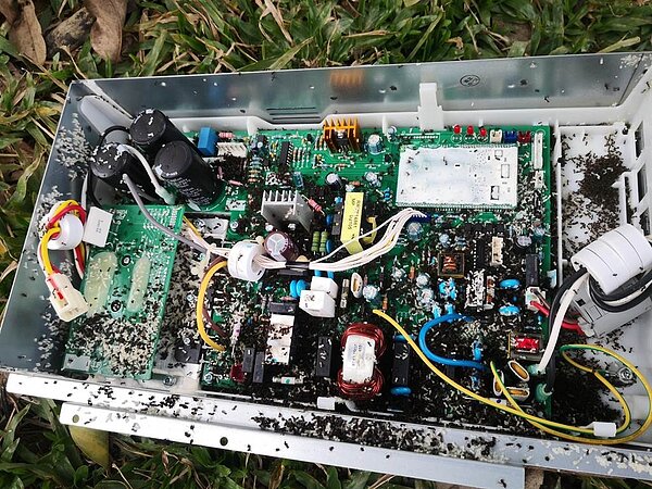 華南國小冷氣機故障,一拆開景象嚇死人,住滿疣胸琉璃蟻。圖/民眾提供