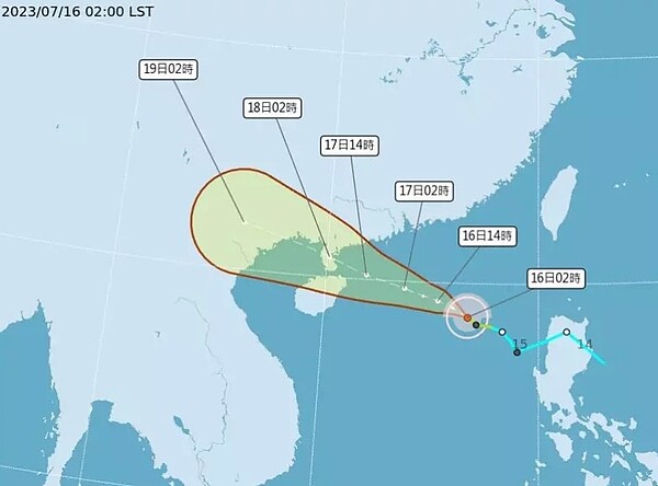 中央氣象局說，輕颱泰利今天凌晨2時的中心位置在鵝鑾鼻西南方570公里海面上，以每小時14公里速度，向西北西進行。圖／取自氣象局網站
