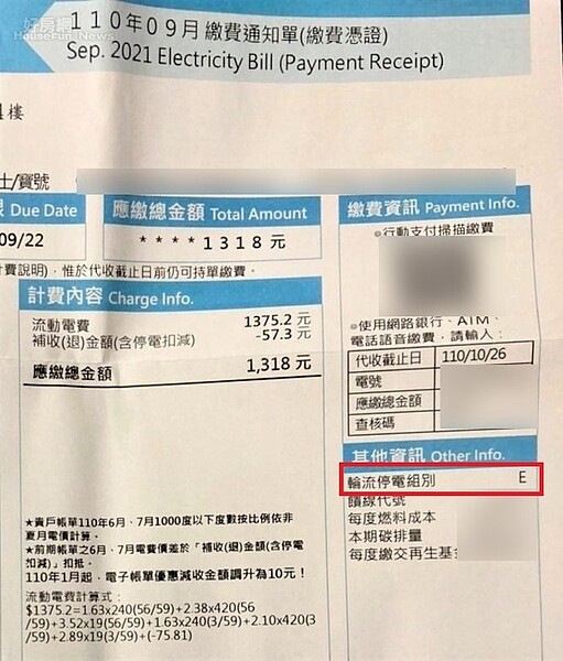 民眾可從電費帳單上得知輪流停電組別，原則上H、I、J不限電。示意圖／好房網News記者黃芸涵攝