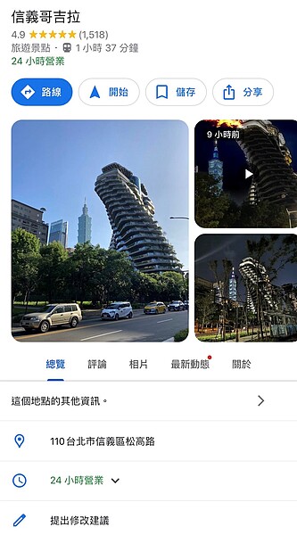 陶朱隱園變身「信義哥吉拉」爆紅 「這角度」拍完美打卡照 網曝「基隆也有一隻」 Google Map上出現「信義哥吉拉」景點,網友們分享白天、夜晚版本趣味照。圖/翻攝自Google Map