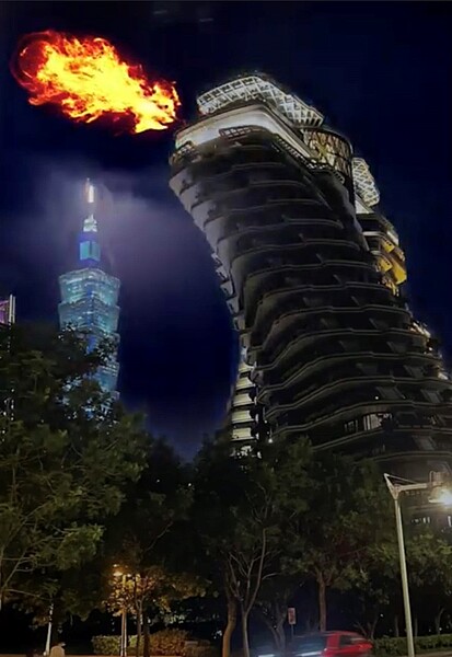 陶朱隱園變身「信義哥吉拉」爆紅 「這角度」拍完美打卡照 網曝「基隆也有一隻」 網友加工替信義哥吉拉配上火焰、閃電效果,看起來更逼真。圖/翻攝自Google Map