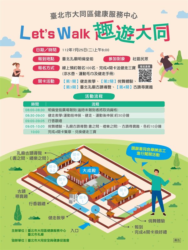 7月25日大同區健康服務中心與台北市孔廟合作辦理「Let’s Walk 趣遊大同」健走活動。圖／台北市大同區健康服務中心提供