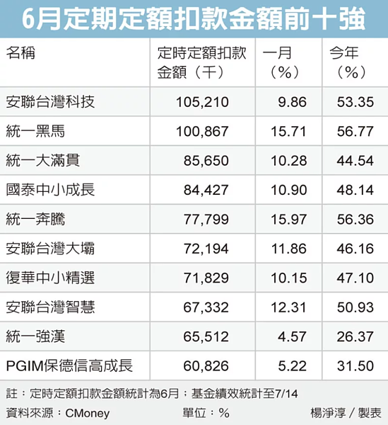 6月定期定額扣款金額前十強。圖/楊淨淳