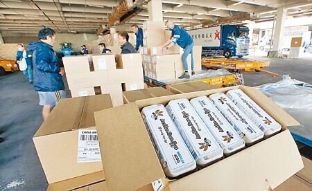 
圖為3月首批自外國專案進口的36萬顆雞蛋完成檢疫作業後，在桃園機場通關放行，工作人員忙著將一箱箱的雞蛋搬上棧板準備打包。（本報資料照片）
