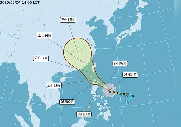 杜蘇芮颱風今天下午2時中心位置在鵝鑾鼻東南方970公里海面上，以每小時12公里速度，向西北進行。7級風平均暴風半徑250公里。圖／取自氣象局網站
