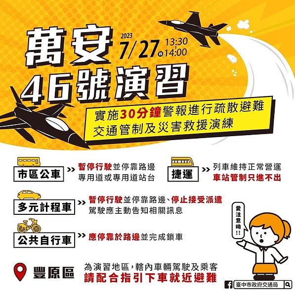 交通局指出,中部萬安演習規劃在豐原區實施「車停,人就近疏散」的防空疏散避難作為。圖/台中市政府提供