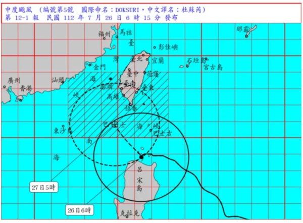 杜蘇芮26日6時中心位置在鵝鑾鼻南方約350公里海面上，七級暴風圈逐漸進入台灣南端近海。圖／取自中央氣象局網站