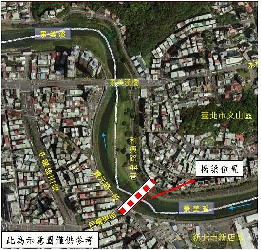 陸橋預計規劃由北市文山區和興路44巷連接新店區民權東街，長度約100公尺。圖／新北市新工處提供